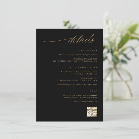 Details zu zartem Script Black and Gold Wedding Begleitkarte (Stehend Vorderseite)