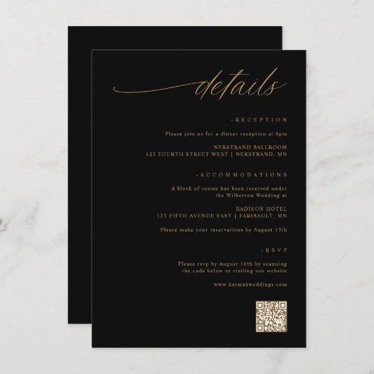Details zu zartem Script Black and Gold Wedding Begleitkarte (Vorne/Hinten)