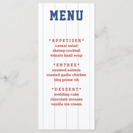 Details zum Baseball Pinstripe Wedding Menükarte (Vorderseite)