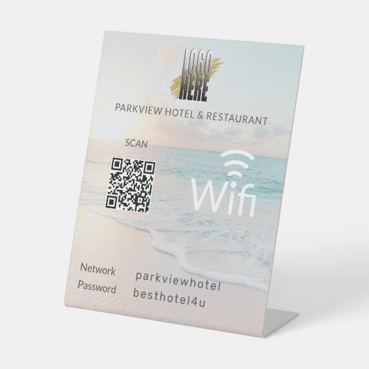 Details zum Beach-Wifi-Netzwerk mit QR-Code-Logo Sockelschild (Vorderseite)