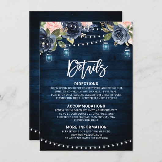 Details zum blauen blaublütigen, rustikalen String Begleitkarte (Vorne/Hinten)