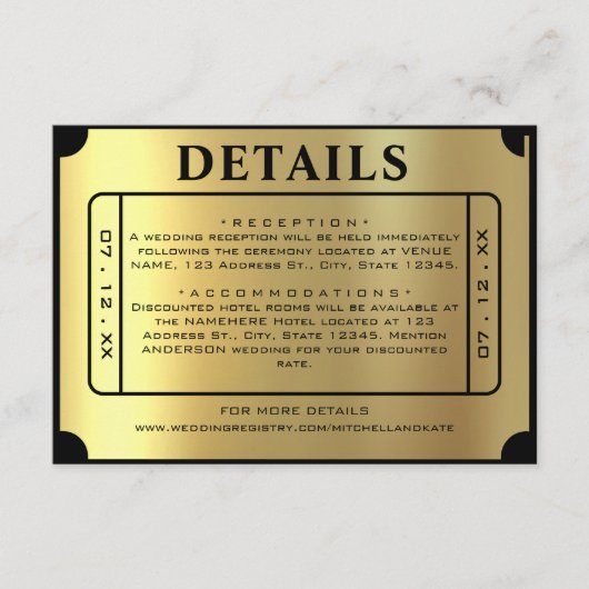 Details zum Golden Ticket Black & Gold Wedding Begleitkarte (Vorderseite)