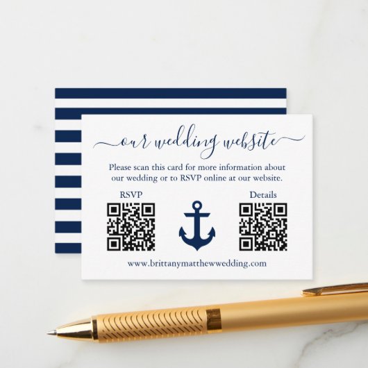 Details zum HochzeitBlue Anchor Stripes 2 QR-UAWG Begleitkarte (Vorderseite/Rückseite Beispiel)