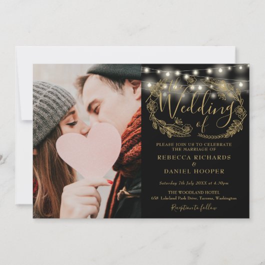 Details zum Hochzeitsgrad von String Lights Gold F Einladung (Vorderseite)