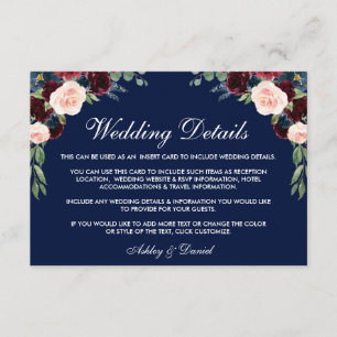 Details zum Hochzeitssehen in Burgund Blue Floral Begleitkarte