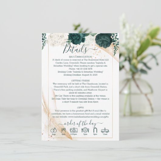 Details zum Hochzeitsweißer Finer Smaragdgrüne Ros Einladung (Stehend Vorderseite)