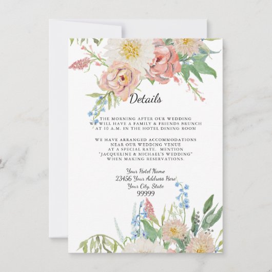 Details zum Hotel Blush Pink Blue in White Floral Einladung (Vorderseite)