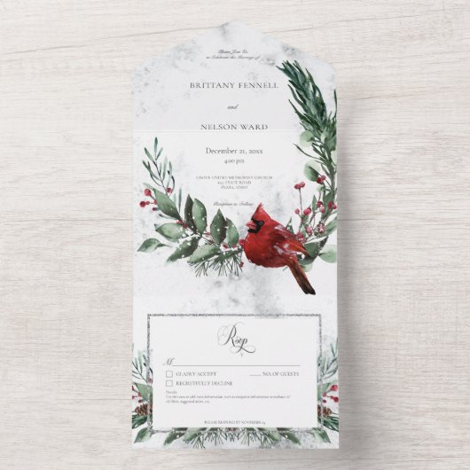 Details zum rustikalen Winterkranz & Roten Kardina All In One Einladung (Innen Boden)