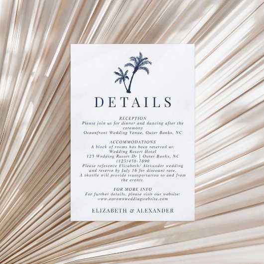 Details zum Tropical Palm Tree Navy Blue Wedding Begleitkarte