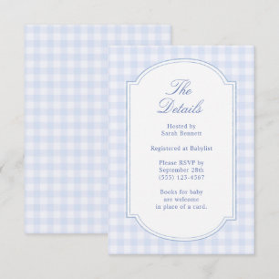 Details zur Babyparty mit blauem Gingham-Muster Begleitkarte