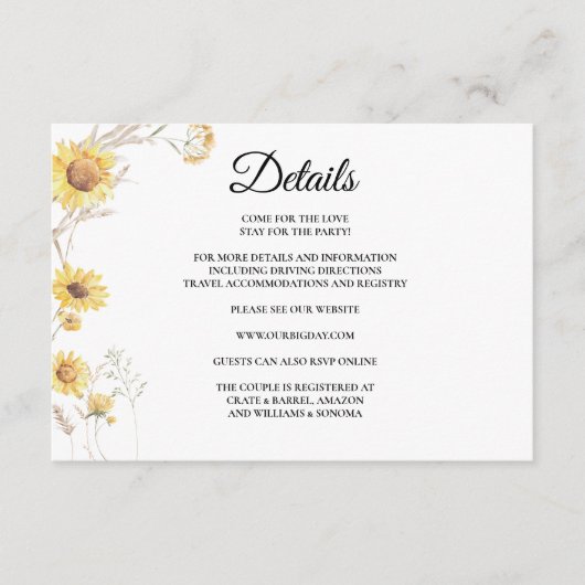 Details zur eleganten Boho Sonnenblumenverschlussk Begleitkarte (Vorderseite)