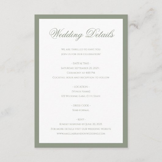 Details zur feierlichen Hochzeitsfeier im klassisc Begleitkarte (Vorderseite)