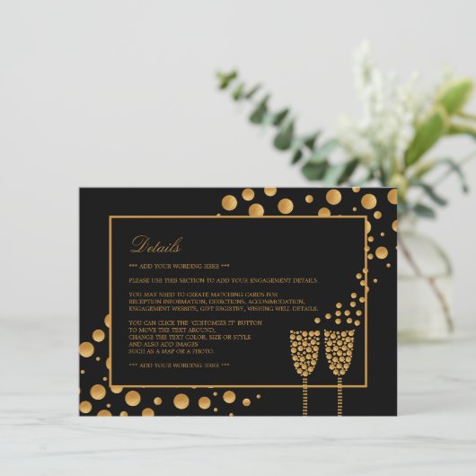 Details zur Gold Champagne Bubbles Engagement Einladung (Stehend Vorderseite)