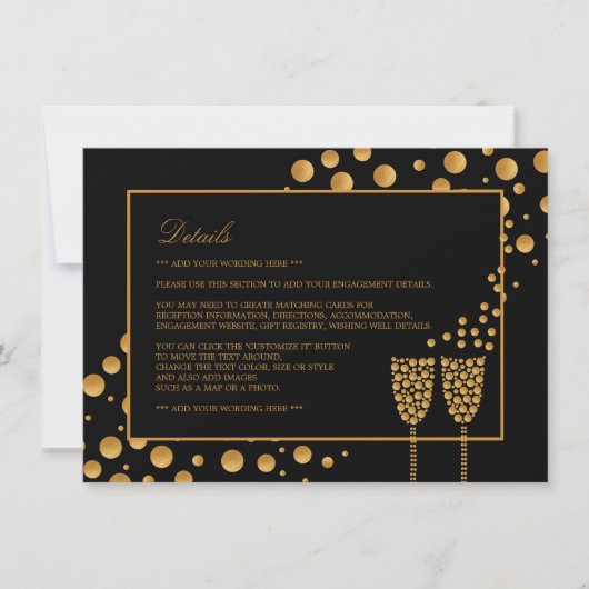 Details zur Gold Champagne Bubbles Engagement Einladung (Vorderseite)