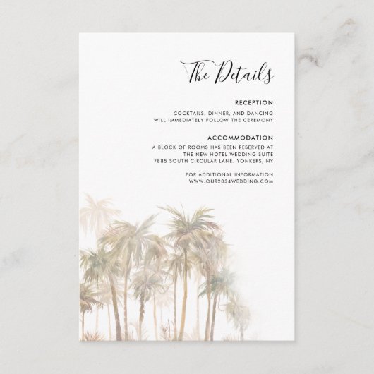 Details zur Hochzeit am Strand von Palm Tree Begleitkarte (Vorderseite)