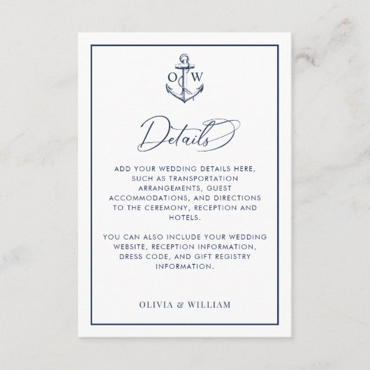 Details zur Hochzeit des Nautic Anchor Monogram Begleitkarte (Vorderseite)