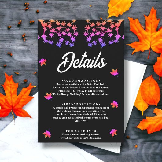 Details zur Hochzeit im Herbst der Blätter Schwarz Begleitkarte