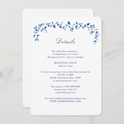 Details zur Hochzeit in Blau und Weiß Begleitkarte (Vorne/Hinten)