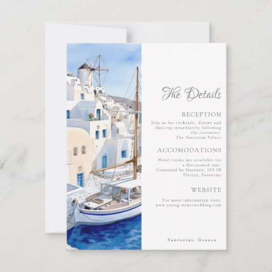 Details zur Hochzeit in Blau und Weißer Santorin Mitteilungskarte (Vorderseite)