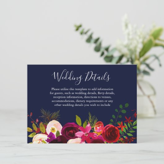 Details zur Hochzeit in Burgund Blume Navy Einladung (Stehend Vorderseite)