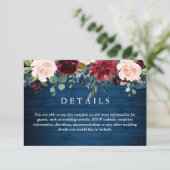 Details zur Hochzeit in Burgund Navy Blush Floral Begleitkarte (Stehend Vorderseite)