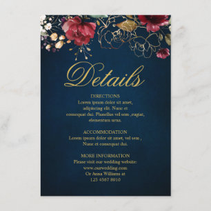 Details zur Hochzeit in Burgund Navy Blush Floral Begleitkarte