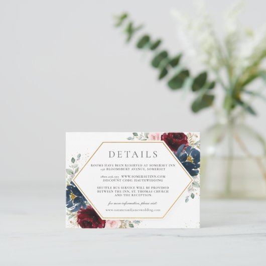 Details zur Hochzeit in Burgund Red Blush Blue Begleitkarte (Stehend Vorderseite)