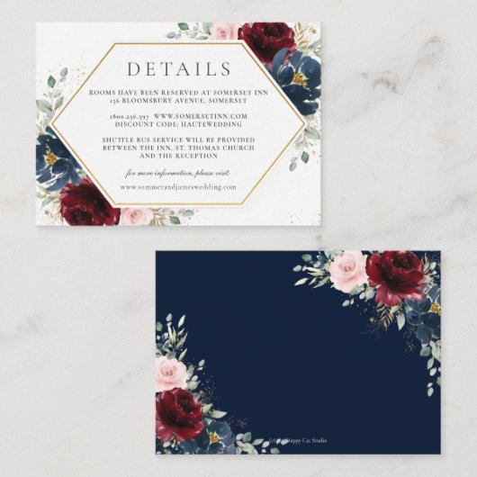 Details zur Hochzeit in Burgund Red Blush Blue Begleitkarte (Vorne/Hinten)