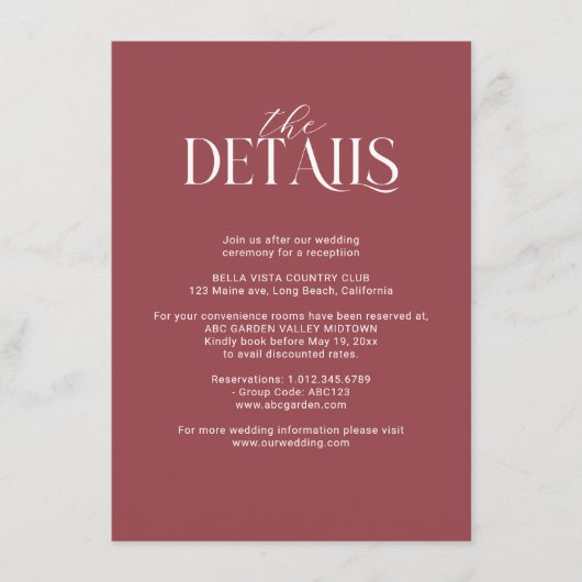 Details zur Hochzeit in Burgund und Rosa Begleitkarte (Vorderseite)