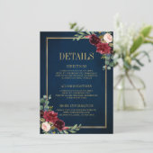Details zur Hochzeit in Burgundy Floral Gold Navy Begleitkarte (Stehend Vorderseite)