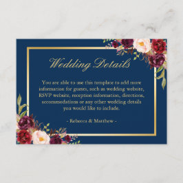 Details zur Hochzeit in Burgundy Floral Gold Navy Begleitkarte