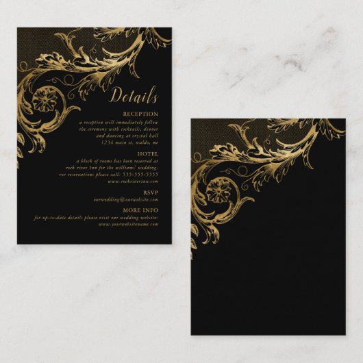 Details zur Hochzeit in der Black Gold Floral Dama Begleitkarte (Vorne/Hinten)