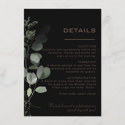 Details zur Hochzeit in Eukalyptus Begleitkarte (Vorderseite)