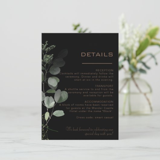 Details zur Hochzeit in Eukalyptus Begleitkarte (Stehend Vorderseite)