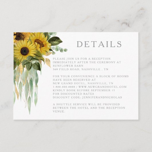 Details zur Hochzeit in Grau Sunflower Begleitkarte (Vorderseite)