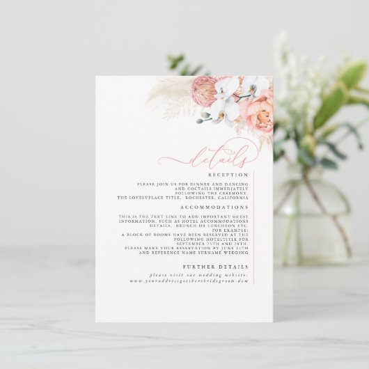 Details zur Hochzeit in Pampas Grass Rosa Blush Begleitkarte (Stehend Vorderseite)