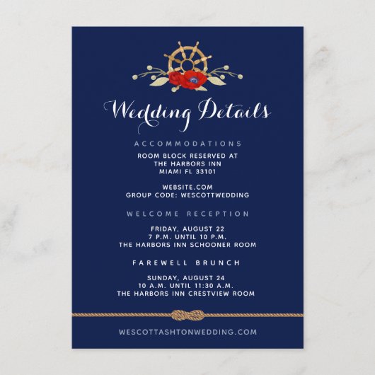 Details zur Hochzeit in Red White & Blue Begleitkarte (Vorderseite)