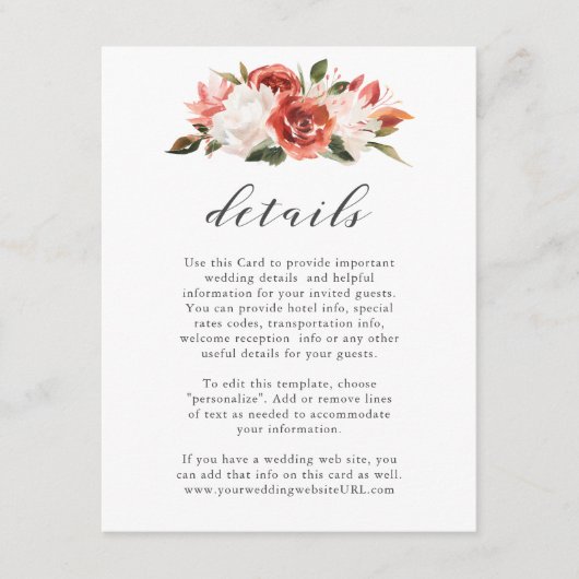 Details zur Hochzeit in Rot und Weiß Begleitkarte (Vorderseite)