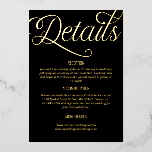 Details zur Hochzeit in Schwarz und Schwarz Folieneinladung (Vorderseite)