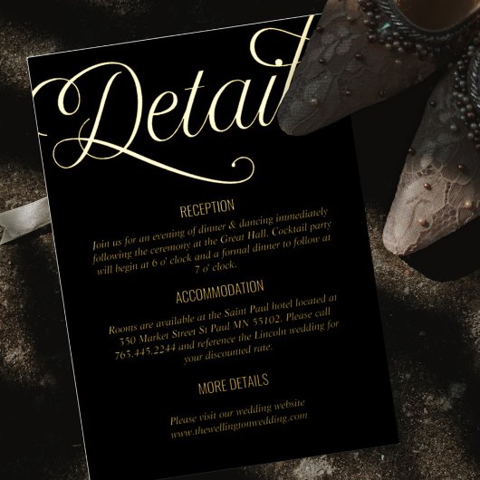 Details zur Hochzeit in Schwarz und Schwarz Folieneinladung