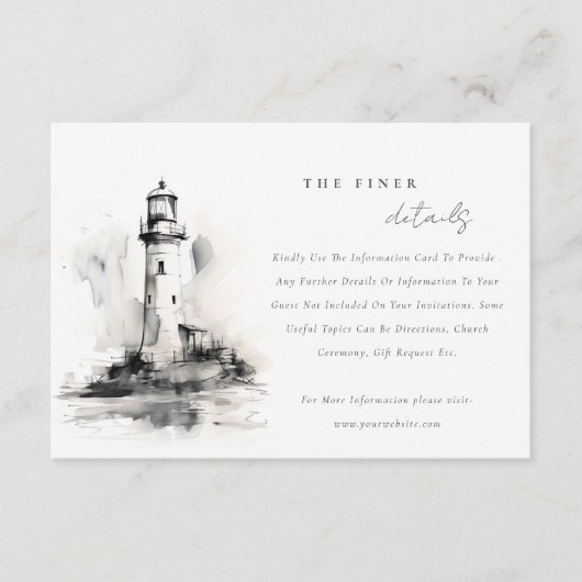 Details zur Hochzeit in Schwarz-Weiß-Leuchtturm Begleitkarte (Vorderseite)