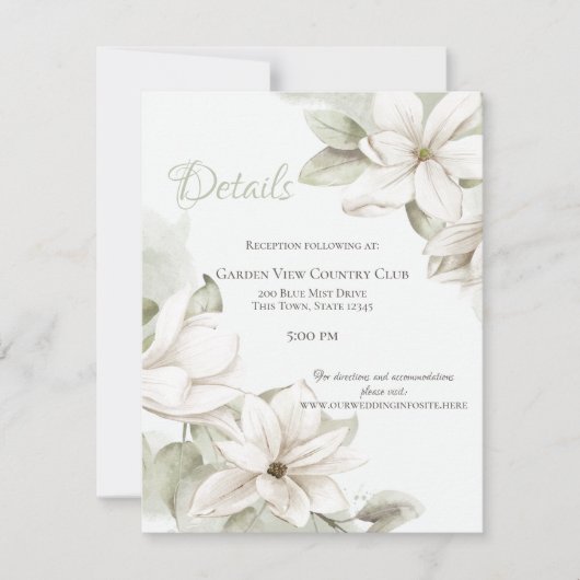 Details zur Hochzeit in weißen Magnolien Einladung (Vorderseite)