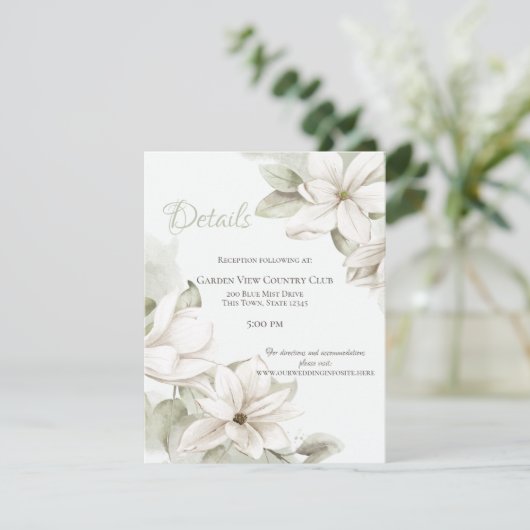 Details zur Hochzeit in weißen Magnolien Einladung (Stehend Vorderseite)