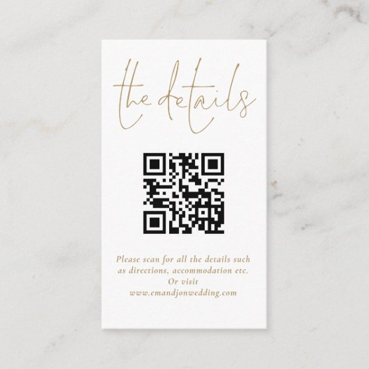 Details zur Hochzeit QR Code Gold Script Begleitkarte (Vorderseite)