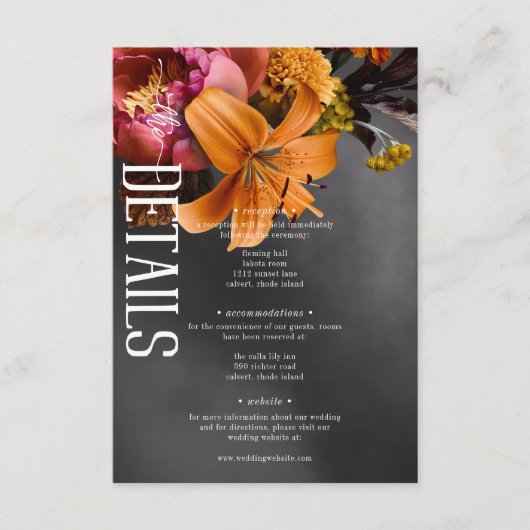 Details zur Hochzeit von Black Moody Gothic Orange Begleitkarte (Vorderseite)