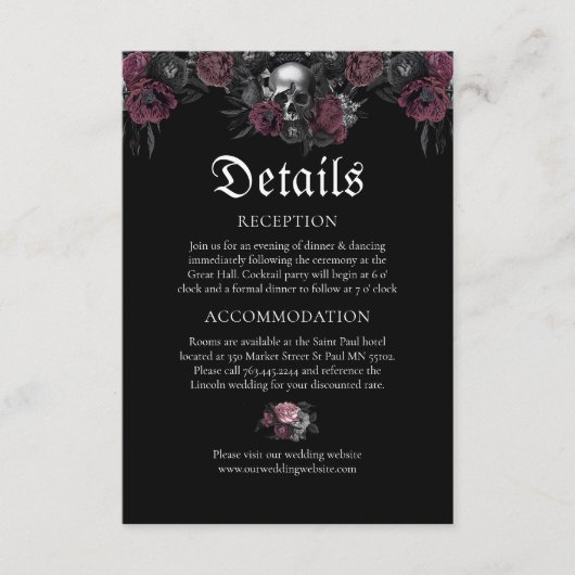 Details zur Hochzeit von Burgund Gothic Floral Sku Begleitkarte (Vorderseite)