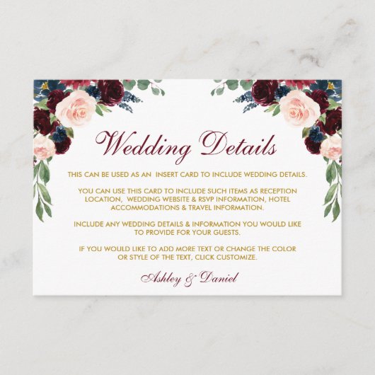 Details zur Hochzeit von Burgundy Blue Floral Gold Begleitkarte (Vorderseite)