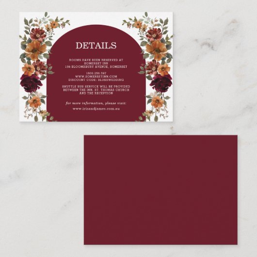 Details zur Hochzeit von Burgundy Burnt Orange Rus Begleitkarte (Vorne/Hinten)