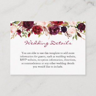 Details zur Hochzeit von Burgundy Marsala Red Flor Begleitkarte