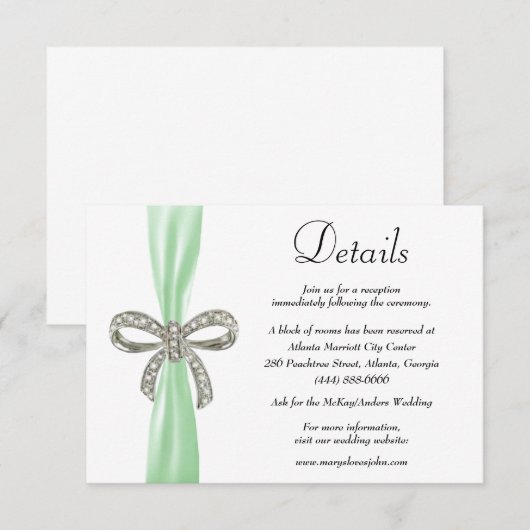 Details zur Hochzeit von Green Ribbon Diamond Bow Begleitkarte (Vorne/Hinten)